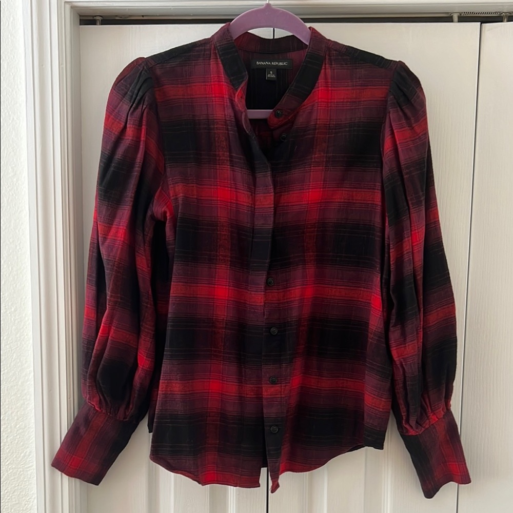 Banana Republic Red and Black Checkered Shirt with Poofy Sleeve